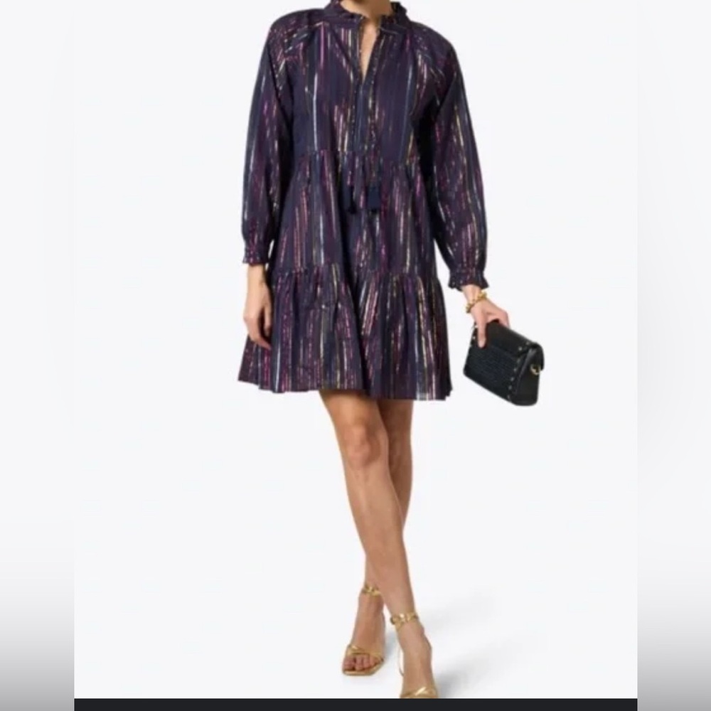 Roller Rabbit Janni Rainbox Lurex Stripe Dress Women's XS Navy Blue Boho Tiered✅